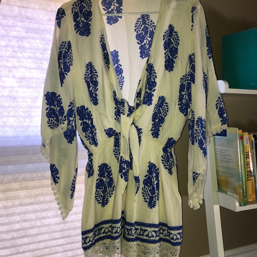 Blue/White print romper with kimono sleeves